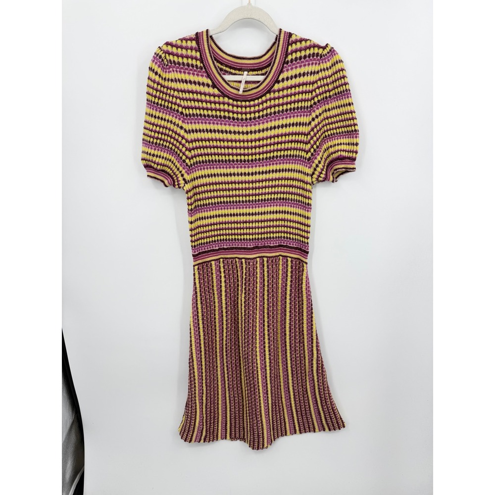 Free People into you Short Sleeve Knit Mini Dress sz L Purple Yellow Metallic